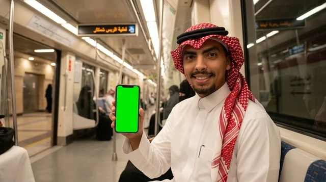 رجل سعودي يحمل هاتف ذكي بشاشة فارغة