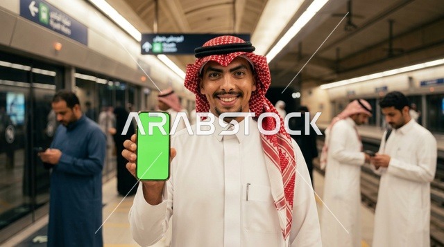 رجل سعودي يمسك هاتفاً بشاشة خضراء داخل محطة المترو