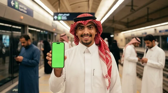 Saudi Man Holding Green Screen Phone in Metro Station