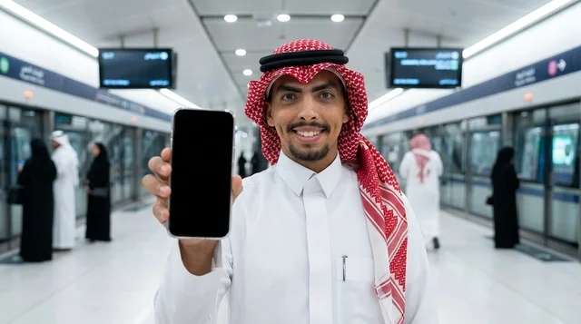 Saudi Man Holding Smartphone in Modern Metro Station