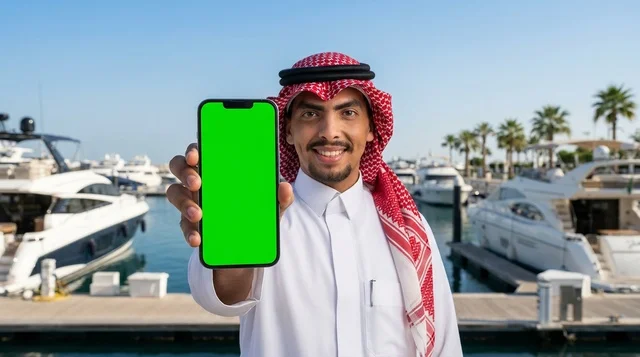 رجل سعودي في مرسى اليخوت الفاخرة يحمل هاتف بشاشة خضراء