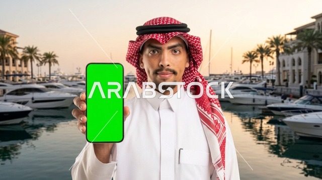 رجل سعودي يحمل هاتف ذكي بشاشة فارغة