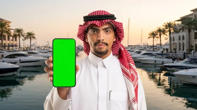 رجل سعودي يحمل هاتف ذكي بشاشة فارغة
