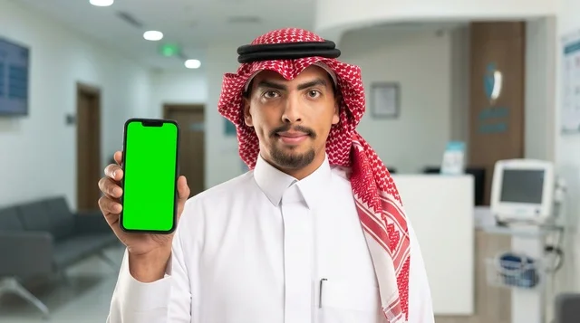 Saudi Man Holding Green Screen Phone in Medical Clinic