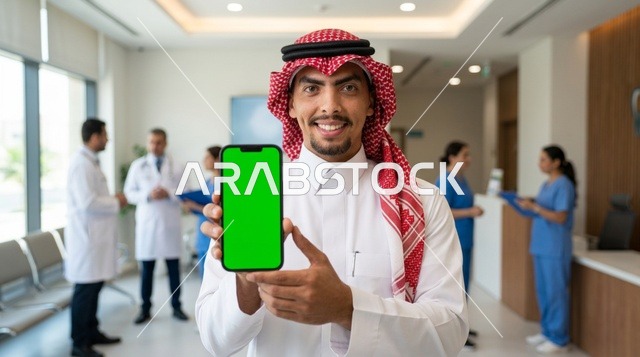 رجل سعودي يحمل هاتف ذكي بشاشة خضراء داخل عيادة