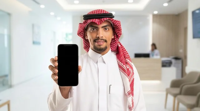 Saudi Man Holding Blank Smartphone in Modern Office