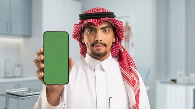 رجل سعودي في عيادة طبية يحمل هاتف ذكي بشاشة خضراء