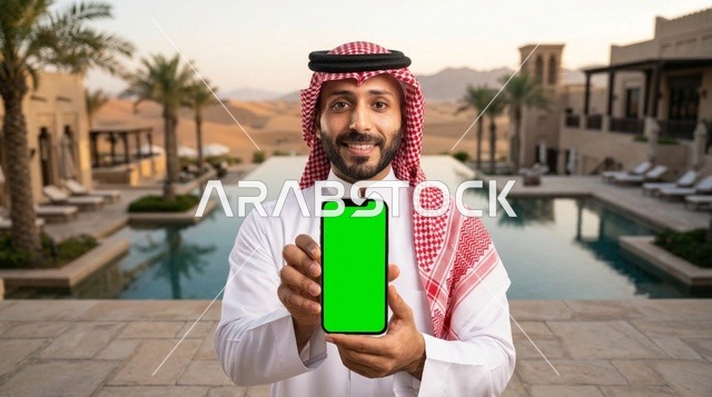رجل سعودي يحمل هاتف بشاشة خضراء في منتجع صحراوي فاخر