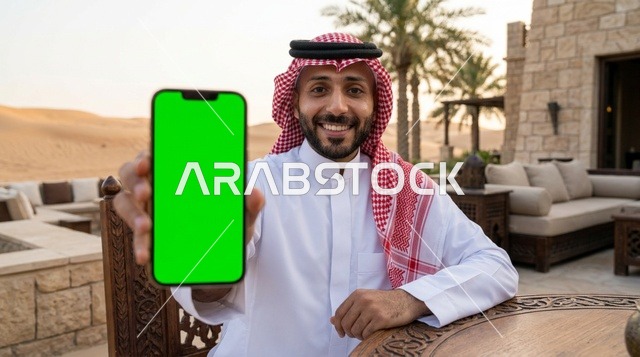 رجل سعودي يمسك هاتف ذكي بشاشة خضراء في منتجع صحراوي