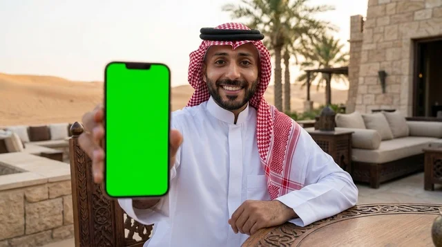Saudi Man Holding Green Screen Phone in Desert Resort
