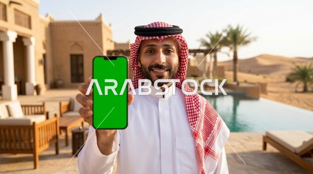 رجل عربي يحمل هاتف ذكي بشاشة خضراء في منتجع صحراوي فاخر