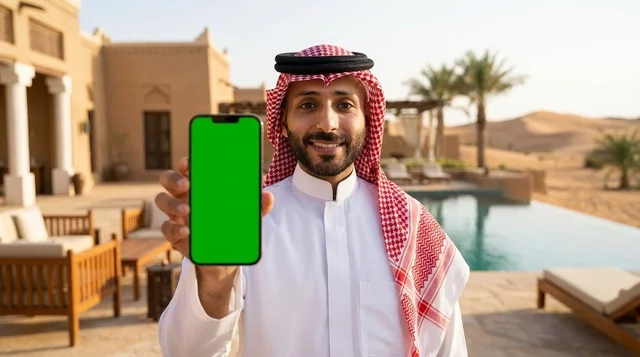 Arab Man Holding Green Screen Phone at Desert Resort