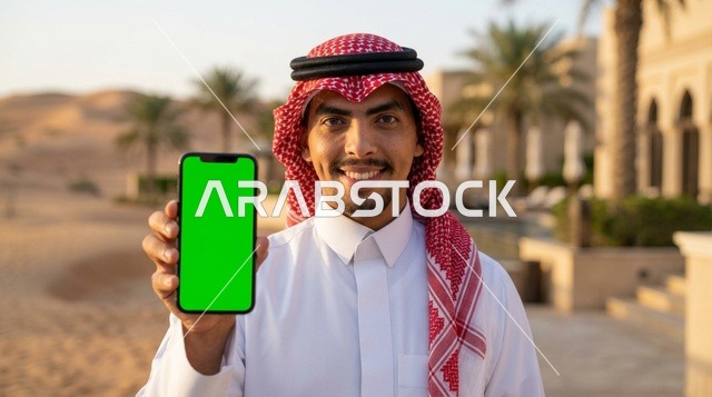 رجل سعودي يرتدي الزي التقليدي يمسك هاتف بشاشة خضراء