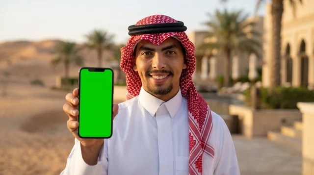 رجل سعودي يرتدي الزي التقليدي يمسك هاتف بشاشة خضراء