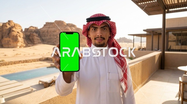 رجل سعودي يحمل هاتفاً ذكياً بشاشة خضراء في منتجع صحراوي