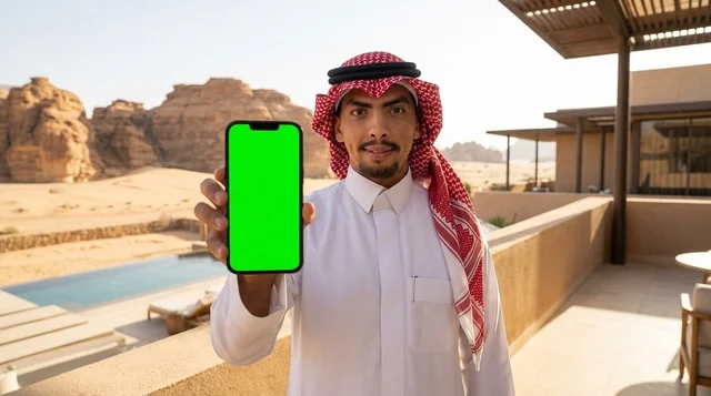 Saudi Man Holding Green Screen Smartphone in Desert