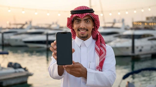 رجل سعودي مبتسم يحمل هاتف ذكي في المرسى وقت الغروب