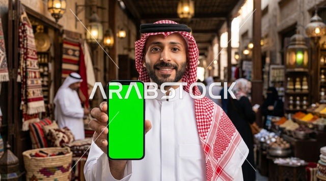 رجل سعودي يحمل هاتف ذكي بشاشة خضراء في سوق شعبي تراثي