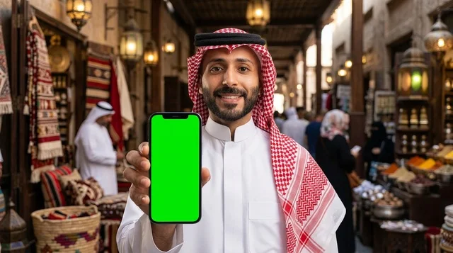 Saudi Man Holding Green Screen Phone in Traditional Souq