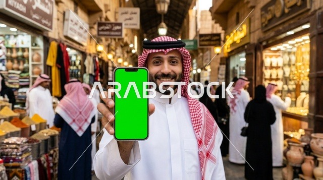 رجل سعودي يحمل هاتفاً بشاشة خضراء في سوق شعبي بالرياض