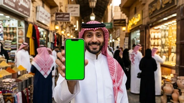 Saudi Man Holding Green Screen Phone in Riyadh Souq