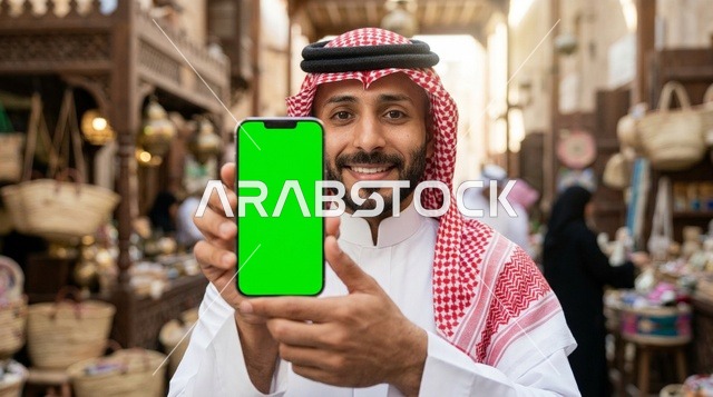 رجل سعودي يحمل هاتف ذكي بشاشة خضراء في سوق تقليدي