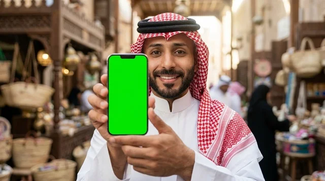 Saudi Man Holding Green Screen Phone in Traditional Market