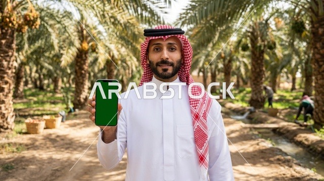 رجل سعودي يحمل هاتفاً ذكياً بشاشة خضراء في مزرعة نخيل