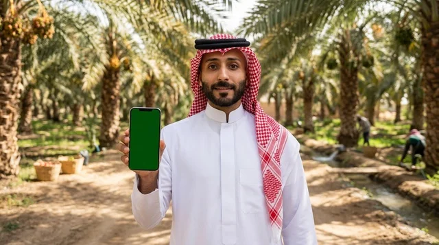Saudi Man Holding Green Screen Phone in Date Palm Farm