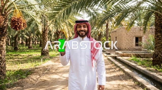 رجل سعودي يحمل هاتف ذكي بشاشة فارغة