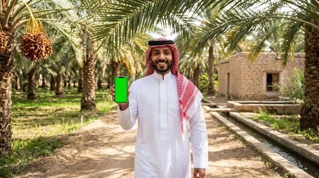 رجل سعودي يحمل هاتف ذكي بشاشة فارغة