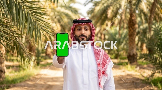 رجل سعودي يحمل هاتف ذكي بشاشة خضراء في مزرعة نخيل