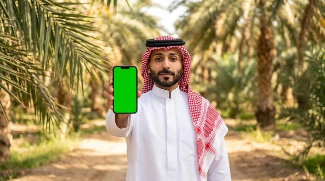 رجل سعودي يحمل هاتف ذكي بشاشة خضراء في مزرعة نخيل