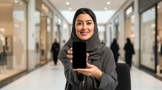 امرأة سعودية تحمل هاتفاً ذكياً فارغاً في مركز تسوق