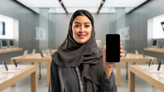 Arab Woman Holding Smartphone with Blank Screen in Store