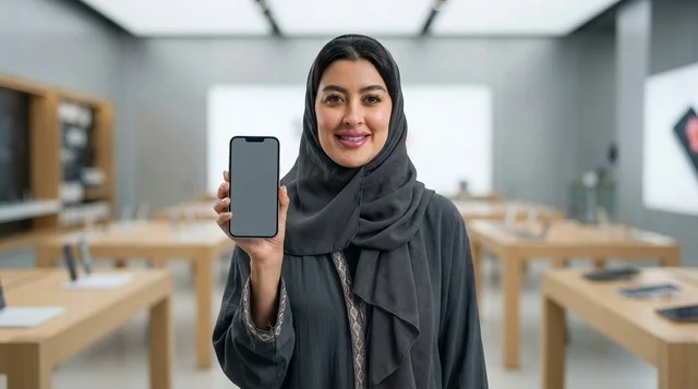 Arab Woman Showing Blank Smartphone in Electronics Store
