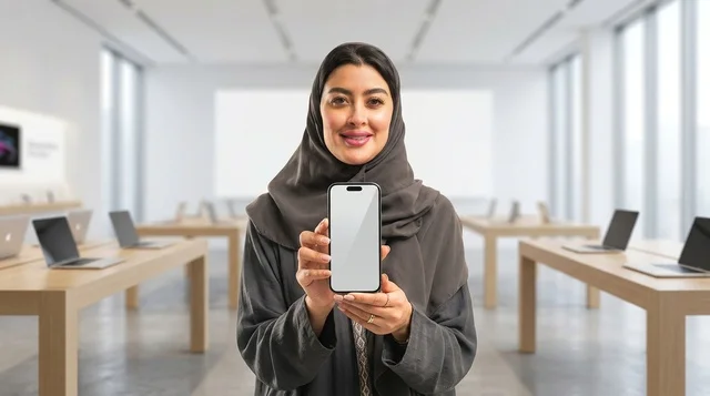 امرأة عربية تحمل هاتف ذكي بشاشة فارغة في متجر إلكترونيات