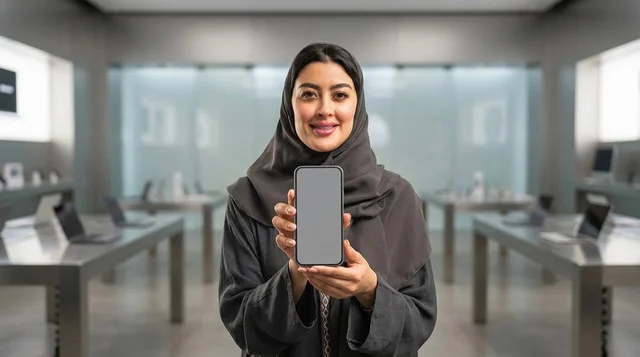 Arab Woman Holding Blank Smartphone in Technology Store