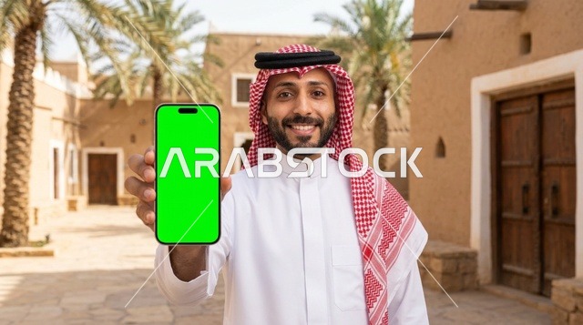 رجل سعودي يحمل هاتف ذكي بشاشة فارغة