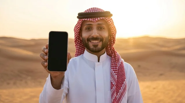 رجل سعودي في الصحراء يحمل هاتف ذكي ذو شاشة فارغة