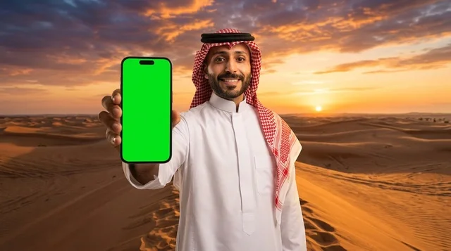 رجل عربي سعودي يحمل هاتفاً ذكياً بشاشة خضراء في الصحراء