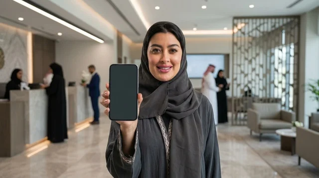 امرأة عربية تحمل هاتف ذكي بشاشة فارغة