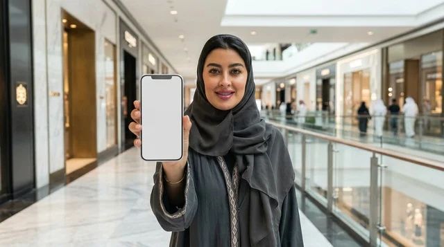 امرأة عربية تحمل هاتف ذكي بشاشة فارغة في مركز تجاري