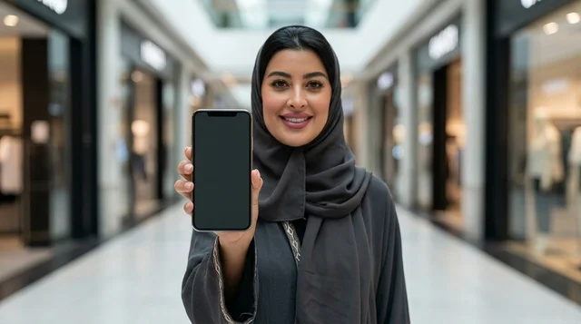 امرأة عربية محجبة تحمل هاتفاً ذكياً شاشته فارغة في مول