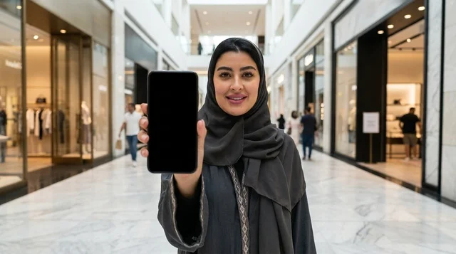Saudi Woman Holding Blank Smartphone in Modern Mall