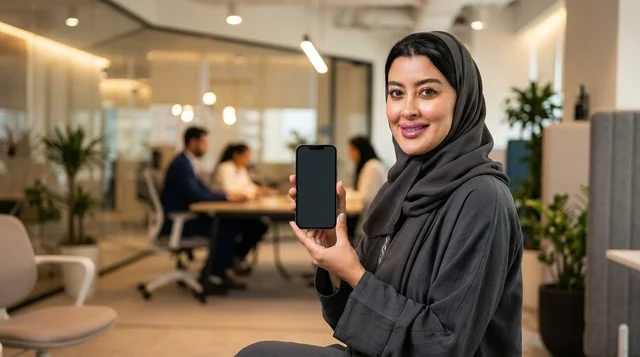 سيدة أعمال عربية تحمل هاتف ذكي بشاشة فارغة في مكتب حديث
