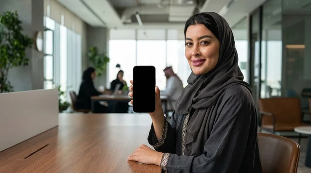 سيدة أعمال سعودية تمسك هاتف ذكي في مكتب حديث