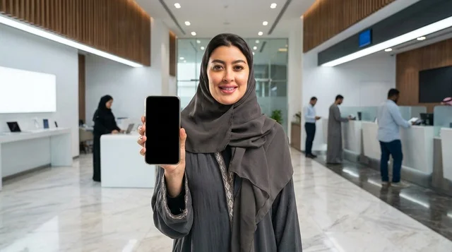 Saudi Woman Holding Blank Smartphone in Bank Lobby