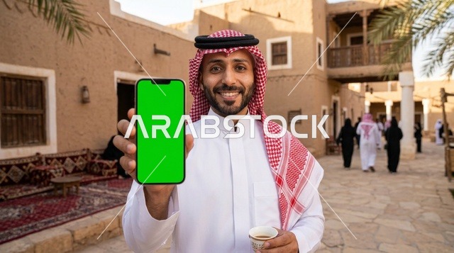 رجل سعودي يحمل هاتف ذكي بشاشة فارغة