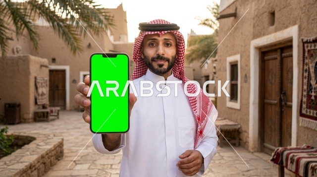 رجل سعودي يحمل هاتف ذكي بشاشة خضراء في قرية تراثية قديمة